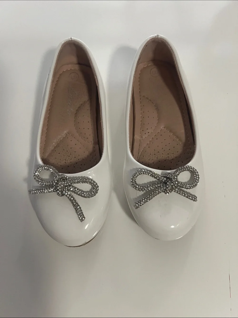 Girls White Patent Ballet Flats with Rhinestone Bow